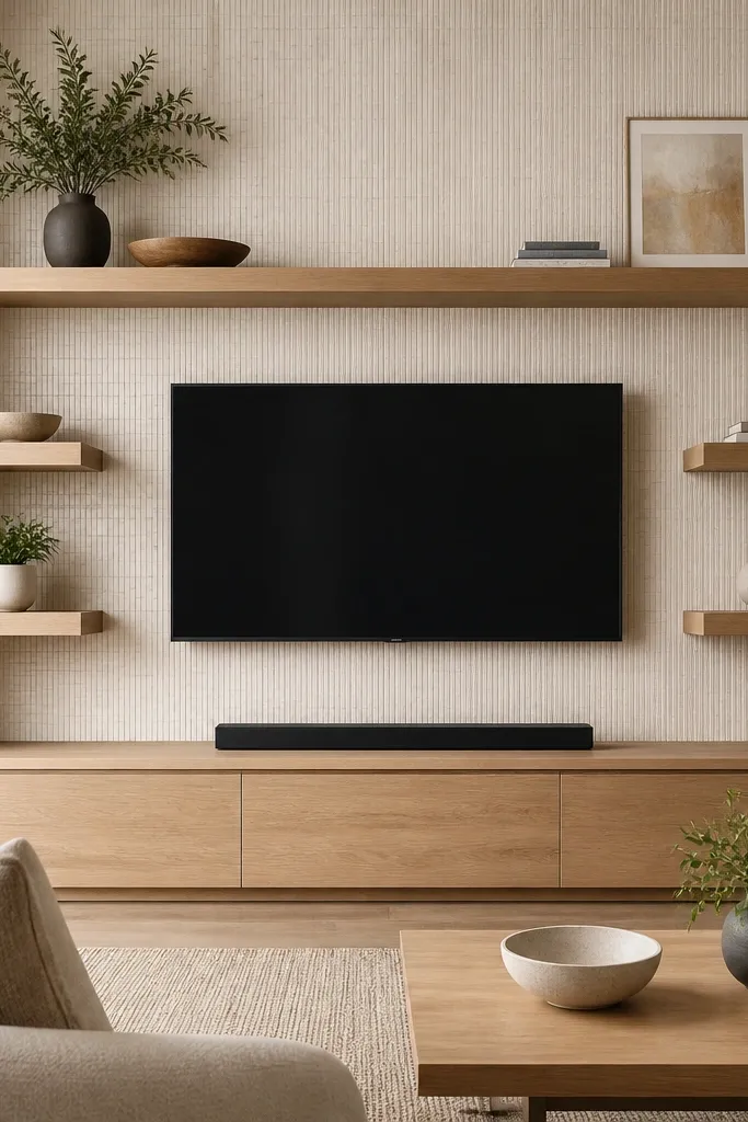 A TV wall with small ceramic tile panels behind the TV and shelves. Floating shelves in light wood sit above and to the sides. Shelves hold simple decor and a plant.