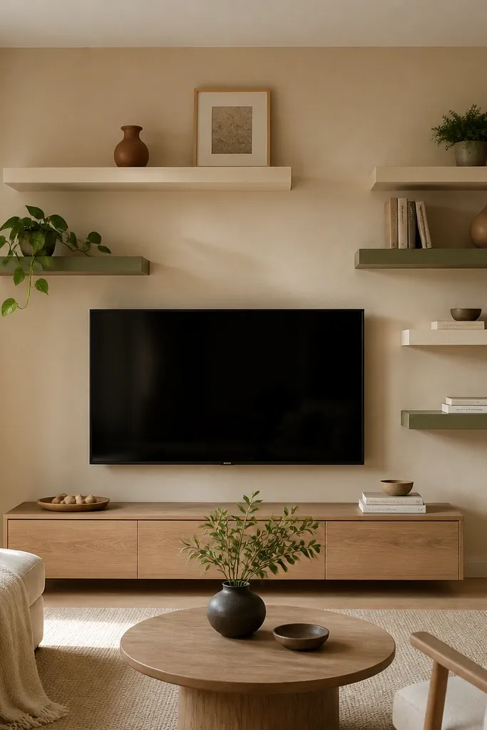 A neutral living room with a warm beige wall. Floating shelves are painted in two colors, like soft cream and muted olive, arranged around the TV. Shelves hold a few decor items and a small plant.