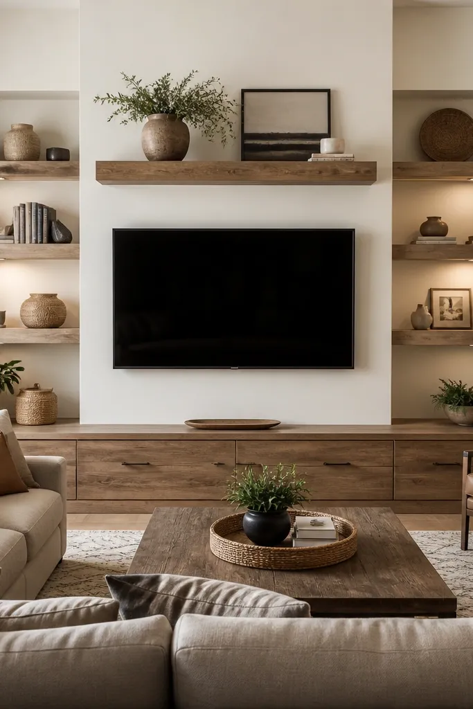Floating Shelves Living Room cozy around TV
