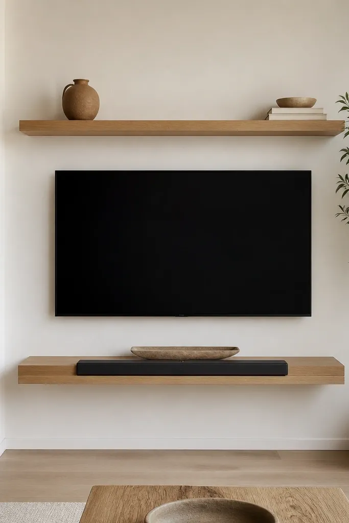 A small living room TV wall with a centered flat-screen mounted on the wall. Two floating shelves run horizontally, one above and one below the TV, and a shallow tray sits centered on the lower shelf with a dark soundbar in front. Shelves are light oak, TV wall is warm white, decor is minimal with a tall plant on the far right.