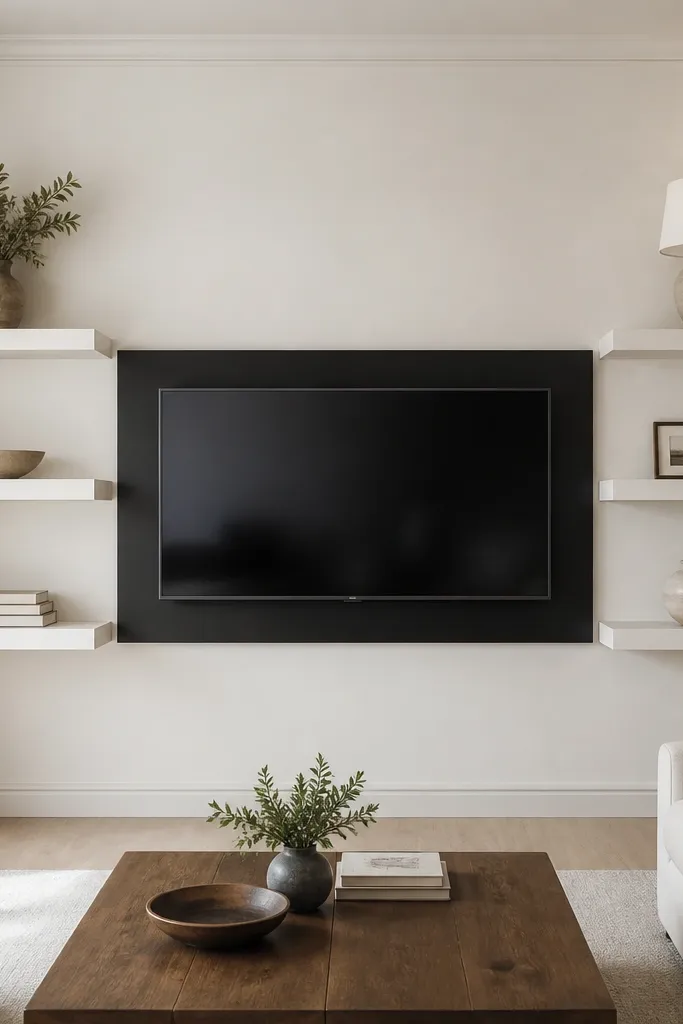 A TV wall where two vertical rows of floating shelves create a ladder shape around the mounted TV. The TV is centered, with a wider black TV mount. Shelves are painted soft white, and styling includes a stack of books on the left lower shelf and a ceramic lamp on the right upper shelf.