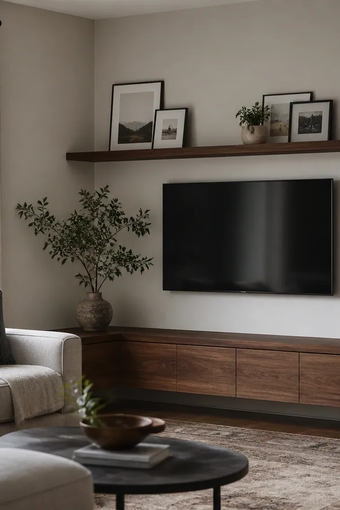 A corner living room setup with the TV mounted on the wall near the corner. One long floating shelf runs horizontally above the TV, aligned slightly past the TV edges. The shelf is walnut stained wood, and a few picture frames and a small plant sit along the shelf.