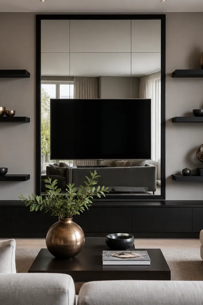 A TV wall where floating shelves sit on either side of a TV opening. Behind the TV area, there is a mirrored panel trimmed in black. The shelves are floating and painted black, with decor including metallic vases and a small sculpture.