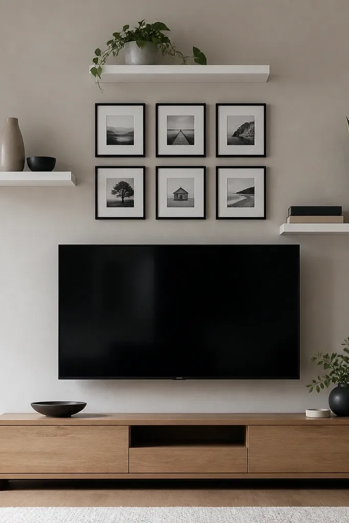 A TV mounted in the center with three floating shelves above and around it at staggered heights. Between shelves, a small gallery of framed photos hangs in a neat grid. Shelves are white, frames are black, and the decor includes a tall plant and two stacked books.