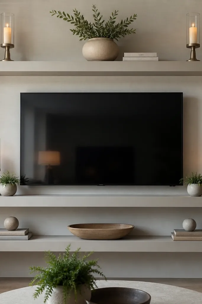 A TV centered on a wall with three floating shelves stacked vertically - top shelf above TV, middle shelf aligned with TV edges, and bottom shelf below. The shelves are the same width and appear like a built-in unit. Decor is symmetrical with identical candle holders left and right.