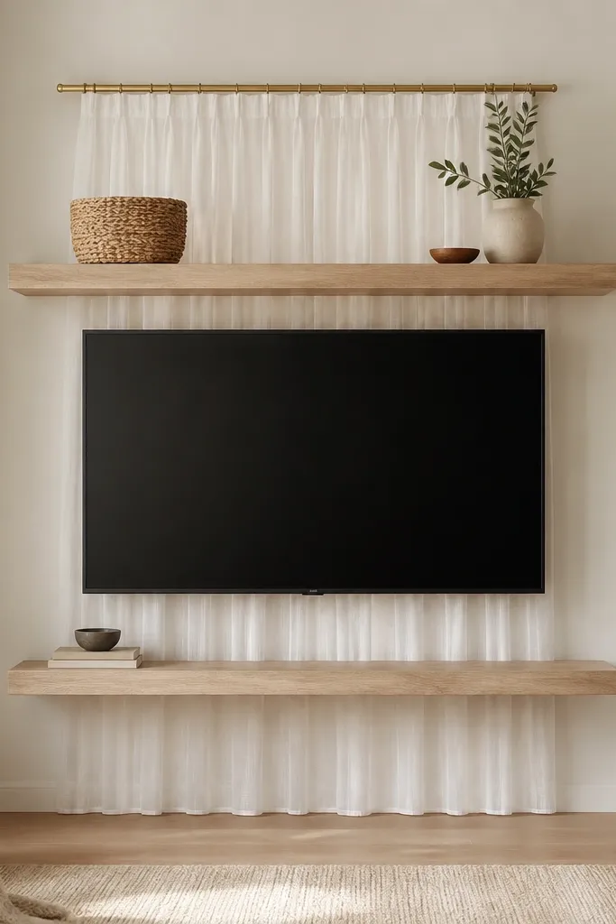 A TV wall where floating shelves sit above and below the TV. Behind the TV, a curtain rod with sheer white fabric is mounted, creating a soft drape effect. Shelves are light oak, and decor is minimal with a small woven basket.