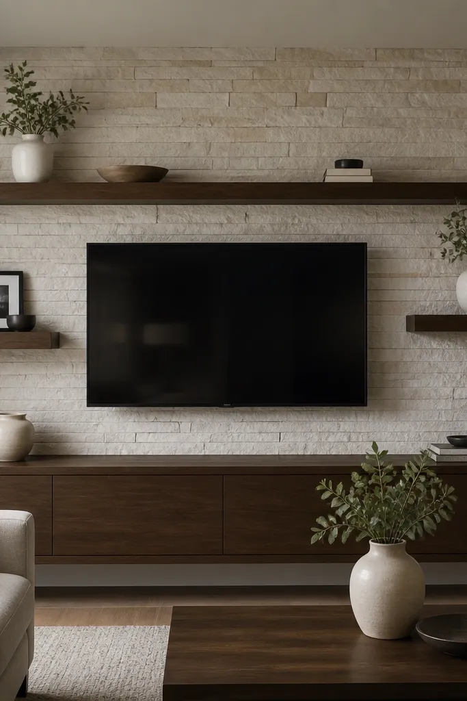 A TV mounted on a wall with a light stone or faux-stone panel behind it. Floating shelves in dark walnut run horizontally above and to the sides. The decor includes a white ceramic vase and a small black photo frame.