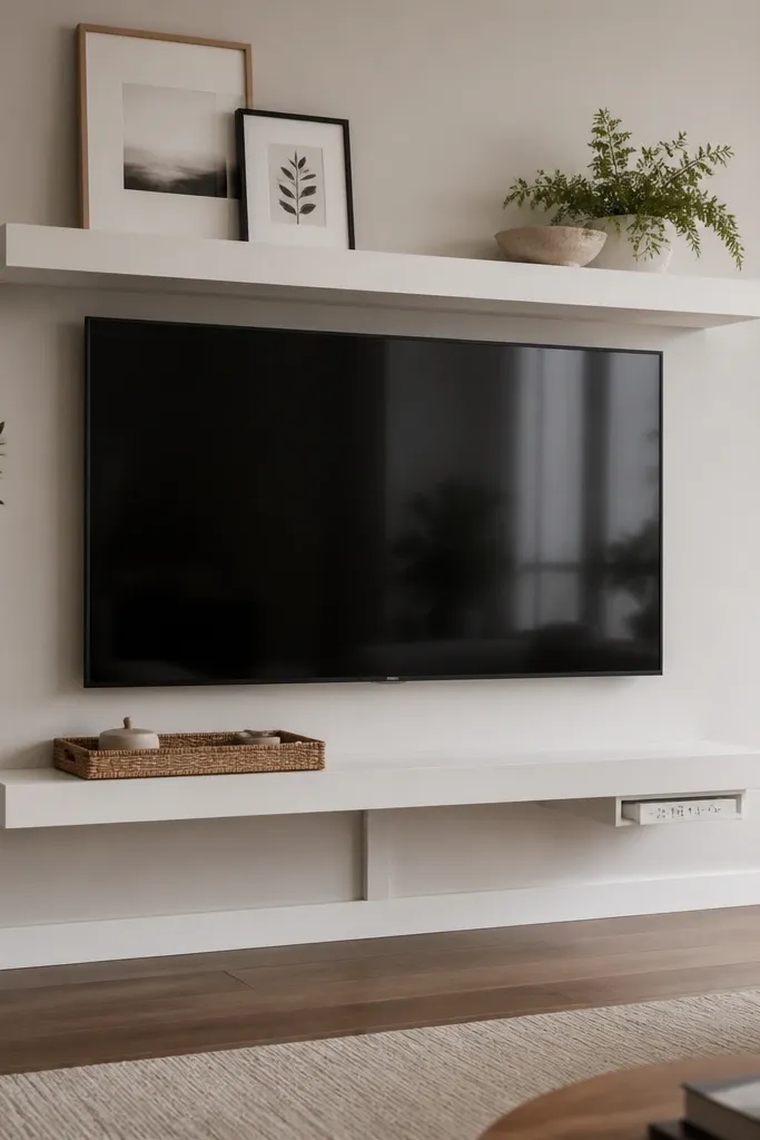 A TV wall with floating shelves above and below the screen. Under the lower shelf there's a neat cable channel and a small pull-out power strip. Shelves are painted white, and the decor is a simple tray and a couple of framed prints.