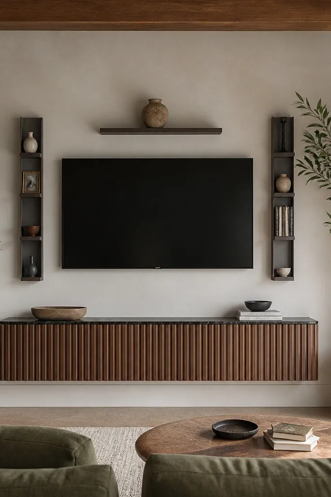 A TV wall with two narrow floating shelves - about 5-6 inches deep - one on each side of the TV, plus a small shelf directly above the TV. Tall decor columns include a tall floor plant in a pot on the right and a stack of books topped with a vase on the left.