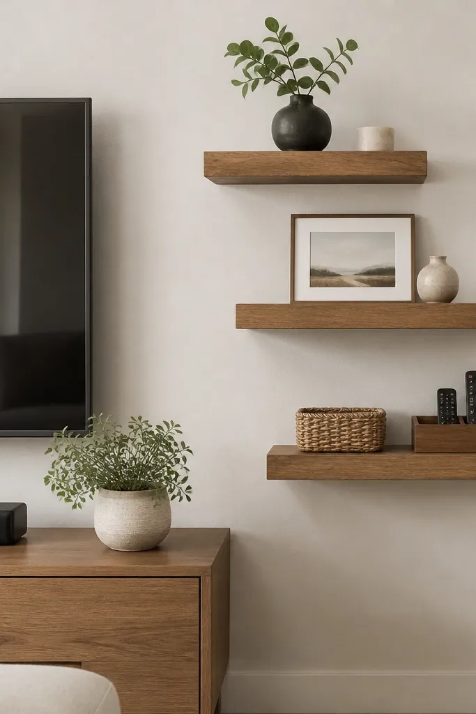 A TV wall with three floating shelves arranged in a step ladder. The lower shelf has a small organizer tray for remotes and controllers, while the upper shelves hold decor and a small basket. Shelves are medium oak, and the wall is a light neutral color.
