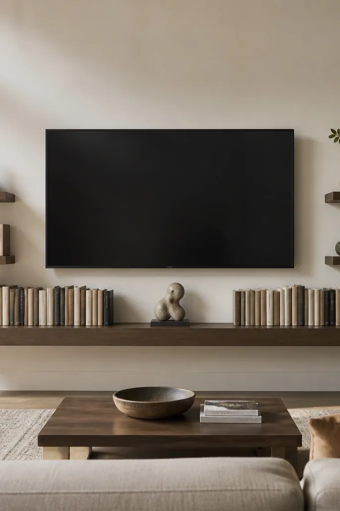 A TV mounted above a floating shelf that spans the width of the TV. Books are arranged upright on the shelf like a book rail, with a small sculpture centered. Two smaller shelves flank the TV on the left and right.