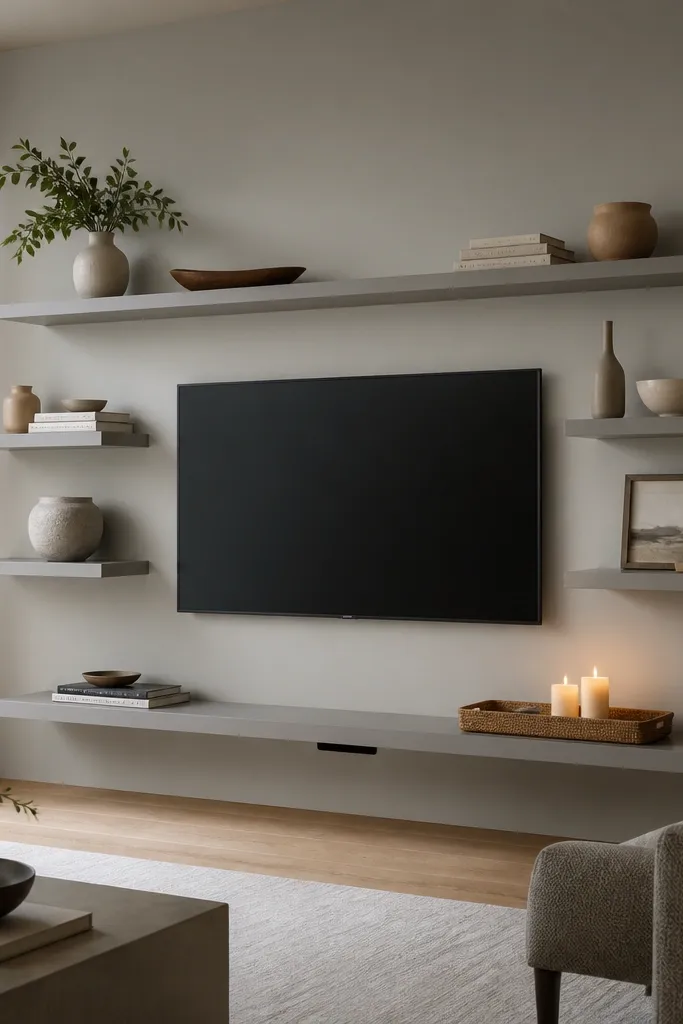 A TV wall with floating shelves above and around the TV, plus a very low, narrow media console shelf underneath. The console looks like it's also floating, with a cable cutout. Shelves are painted soft gray, decor is neutral with a tray and candles.