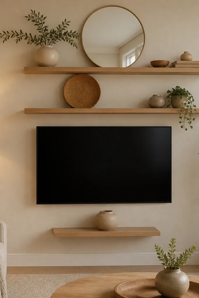 A TV wall with two floating shelves above the TV and one small shelf centered below. The shelves are light oak. Decor uses round shapes: a round mirror on one shelf, a round ceramic vase, and a circular tray. Neutral wall color, warm lamp light.