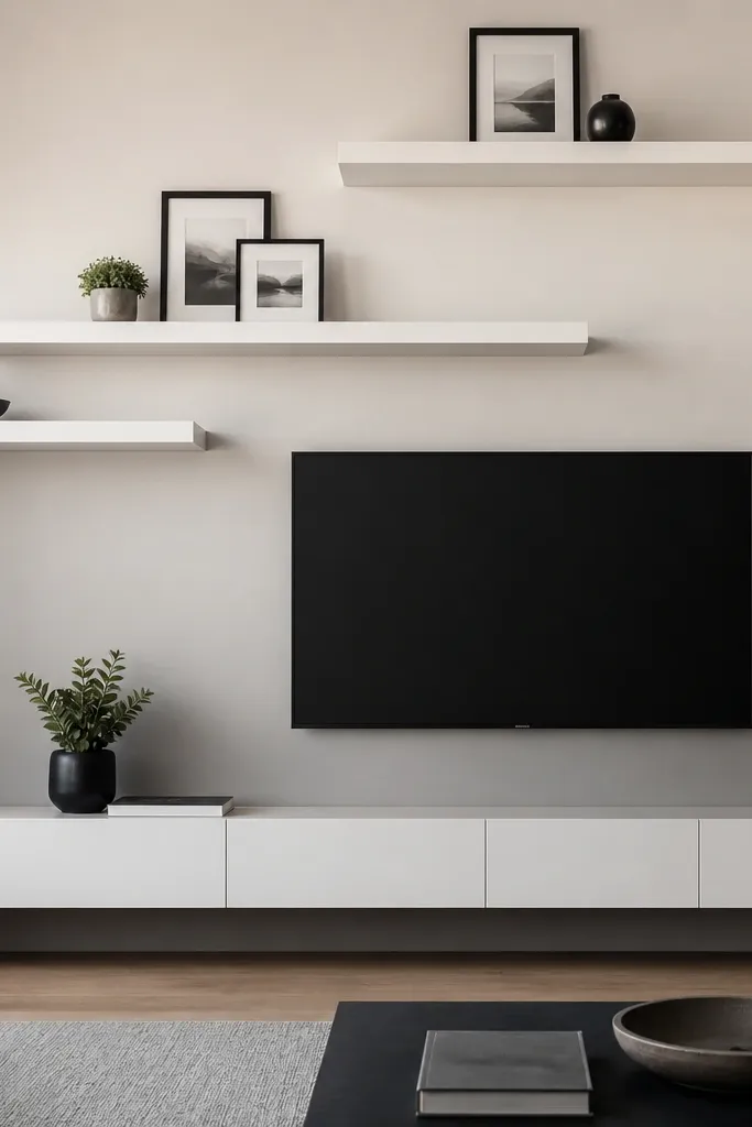 A TV wall with floating shelves in a stepped pattern. Behind the shelves and TV area, the wall has a subtle painted gradient from light near the shelves to slightly darker lower area. Shelves are white, decor is minimal with a couple of black frames and a small plant.