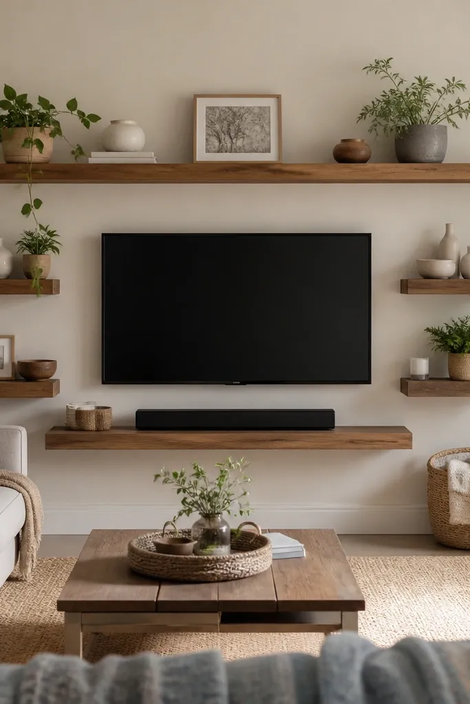 Floating Shelves Living Room for renters TV wall