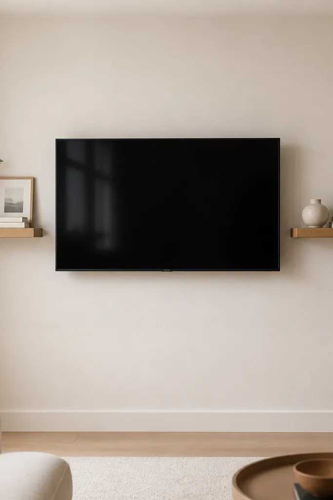 A mounted TV on a light cream wall. Two floating shelves sit left and right of the TV, both in warm oak finish. Each shelf holds a small ceramic vase, a short stack of books, and a slim picture frame. The wall looks clean with no clutter directly under the TV.