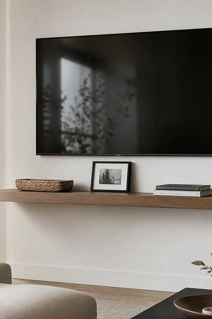 A TV mounted high on a white wall. A single long floating shelf sits directly beneath it, with a clean dark cable outlet area tucked behind. On the shelf are a shallow woven tray, a black picture frame, and a low stack of books. The bottom edge of the shelf aligns neatly with the TV stand line.