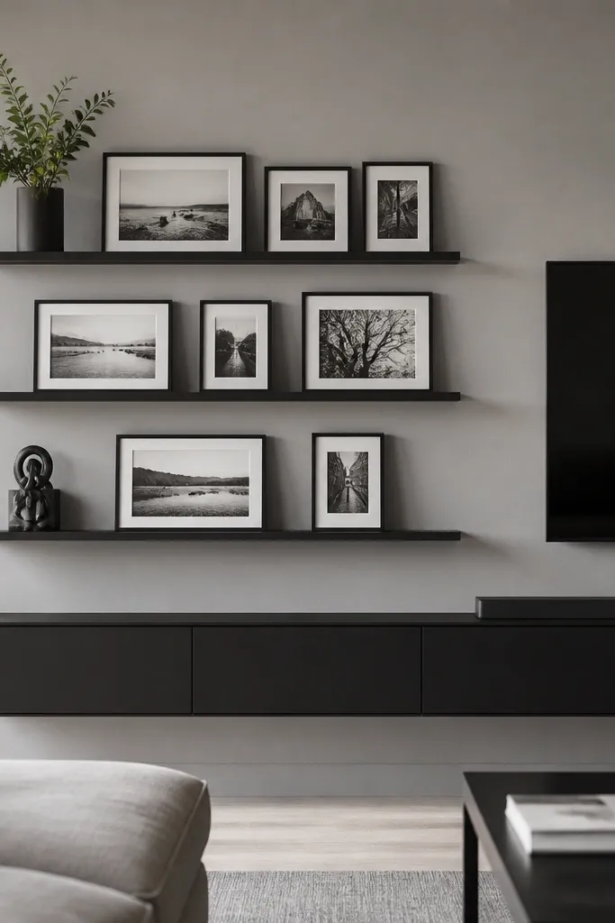 A matte black floating shelf system mounted on a gray wall beside a flat-screen TV. The shelves are thin and black, with small black-and-white framed photos placed in a line. A slim plant pot and a small sculpture sit at the ends.