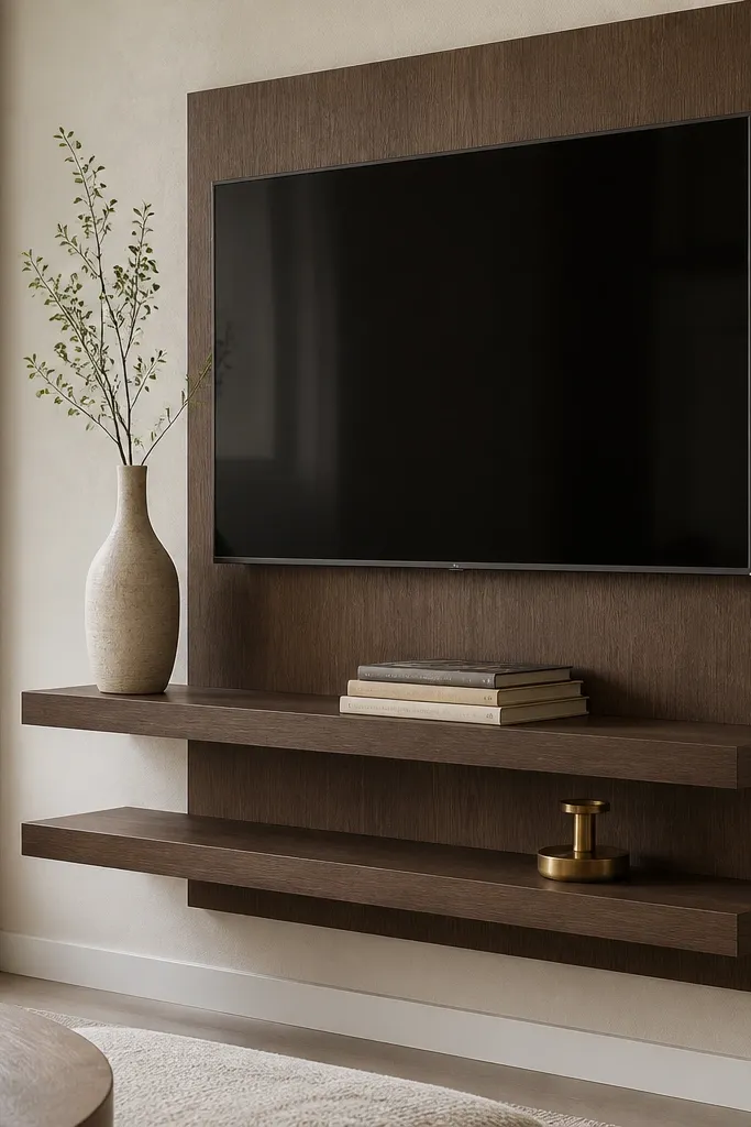 A TV mounted on a wall with a darker wood backer panel behind the shelf area. Two floating shelves appear to hover slightly, creating a shadow line. On the shelves: a tall vase, stacked books, and a small brass lamp base.