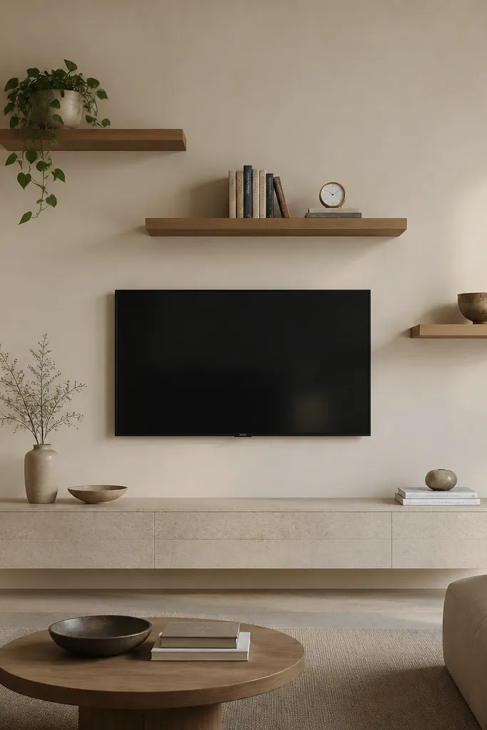 Three floating shelves at different heights around a TV on a beige wall. The left side has one higher shelf with a plant, the middle shelf holds books and a small clock, and the right has a lower shelf with a ceramic bowl. The arrangement looks off-center but balanced.