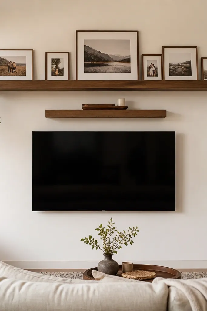 A TV mounted on a warm white wall. A long floating shelf above the TV holds a line of small framed photos with one larger frame centered. Below the shelf is a second smaller shelf with a tray and a candle. Frames are in simple wood tones.