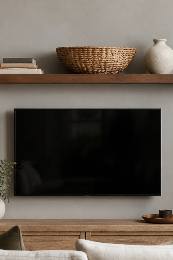 A walnut floating shelf above a TV. A large woven basket sits on the shelf center, with a small stack of books on one side and a ceramic vase on the other. The TV wall is a soft gray.