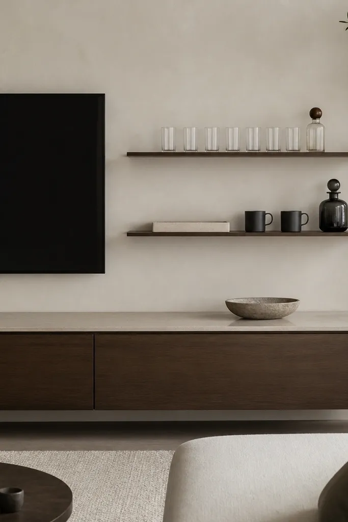 A TV wall with two slim floating shelves. One shelf holds a row of clear glasses and a small bottle. The other shelf has a tray, a couple of mugs, and a dark decanter. Everything looks aligned and spaced.