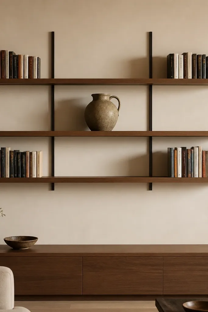A floating shelf system with books arranged spine-out on the shelf. One larger ceramic jug sits in the middle. The TV wall is a pale beige with soft warm lighting. The shelf has plenty of empty space around the objects.