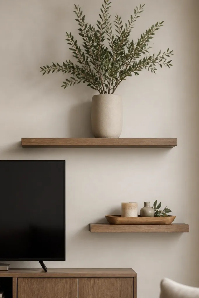 Two floating shelves above and beside a TV. The top shelf holds a tall faux plant in a matte ceramic pot. The bottom shelf holds a low wooden tray with a candle and small decor. The wall is a warm off-white.