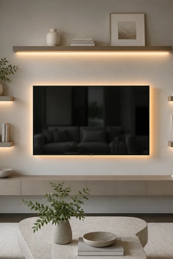 A TV mounted with a subtle light strip behind it. Floating shelves sit above and to the sides, glowing softly. Shelves hold small neutral decor like a white vase, framed art, and a small stone sculpture.