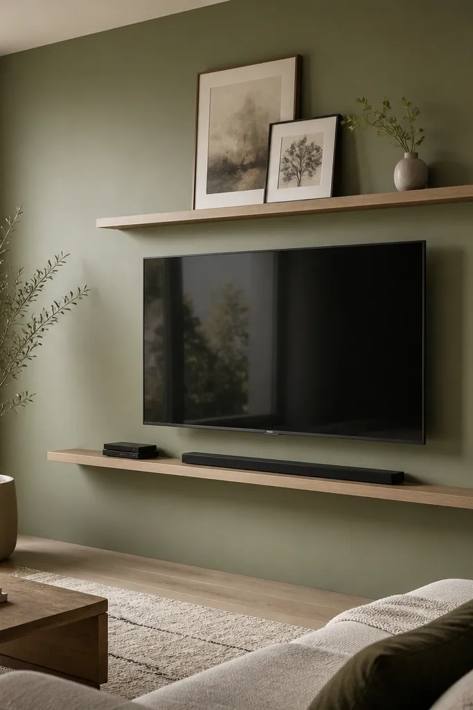 A TV wall with two horizontal floating shelves running across the space, staggered slightly. The lower shelf holds a media box and a slim soundbar area, while the upper shelf holds framed art and a small vase. The wall is sage green.