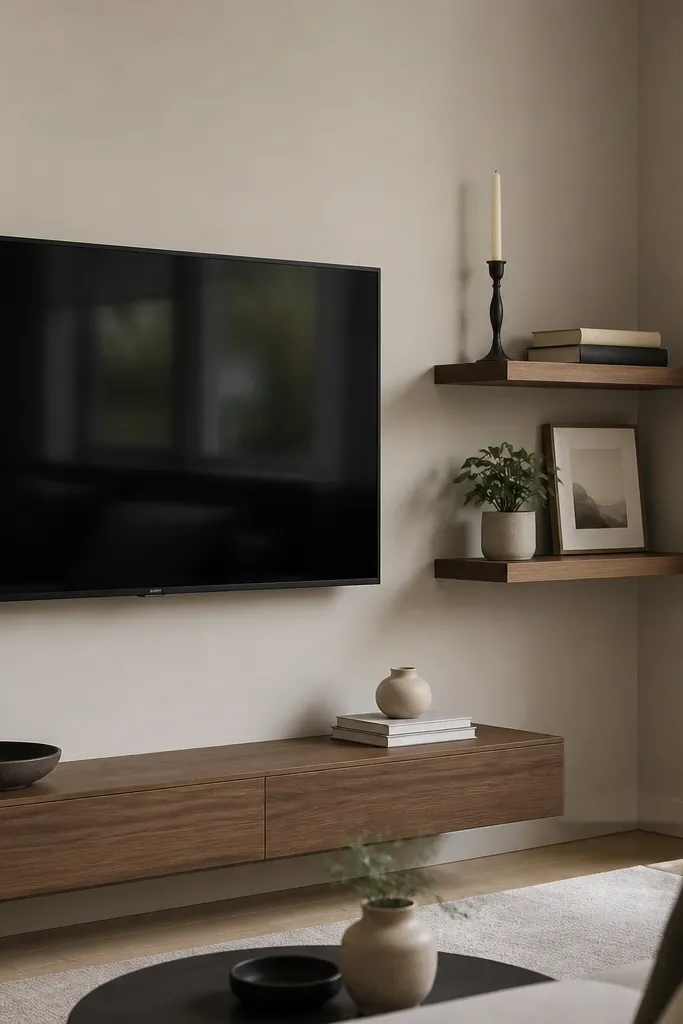 A TV mounted on a wall that meets another wall at a corner. Floating shelves extend from the main wall toward the corner. One shelf holds a tall candle holder and a book stack; the other holds a small plant and a framed print.