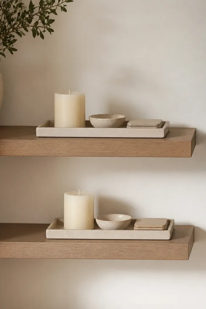 A pair of floating shelves with neutral trays placed on both. Each tray holds a candle in a similar shape, a small ceramic dish, and a folded stack of coasters. The TV wall is warm white with soft lighting.