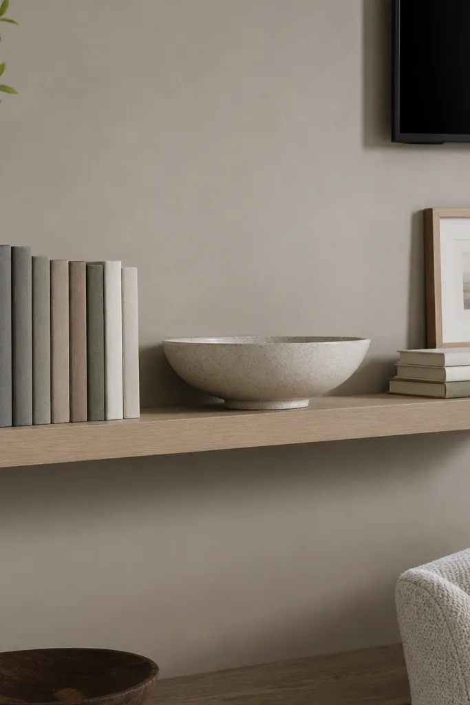 A floating shelf with books that have linen-like covers. A large ceramic bowl sits in the center, with a small framed art piece at one end. The TV wall is a light taupe.