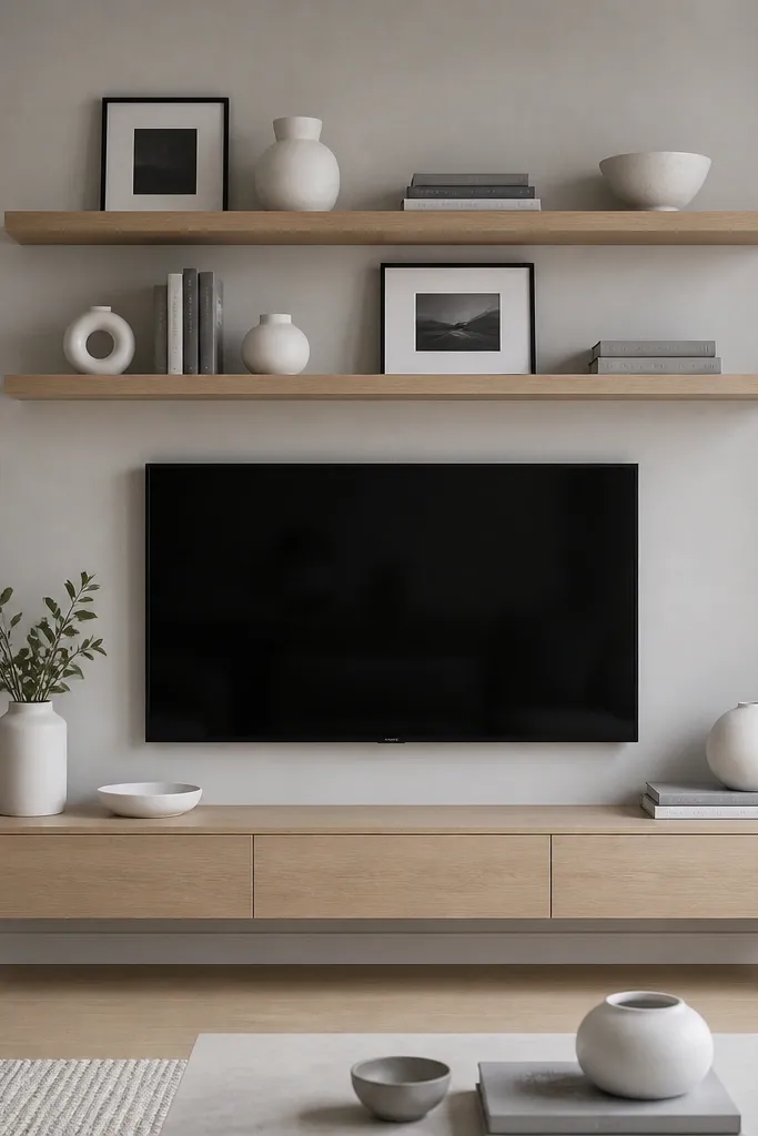 A TV wall with two floating shelves. All decor is monochrome: black frames, white vases, gray books. The wall is a light gray, and the shelves are a pale oak.