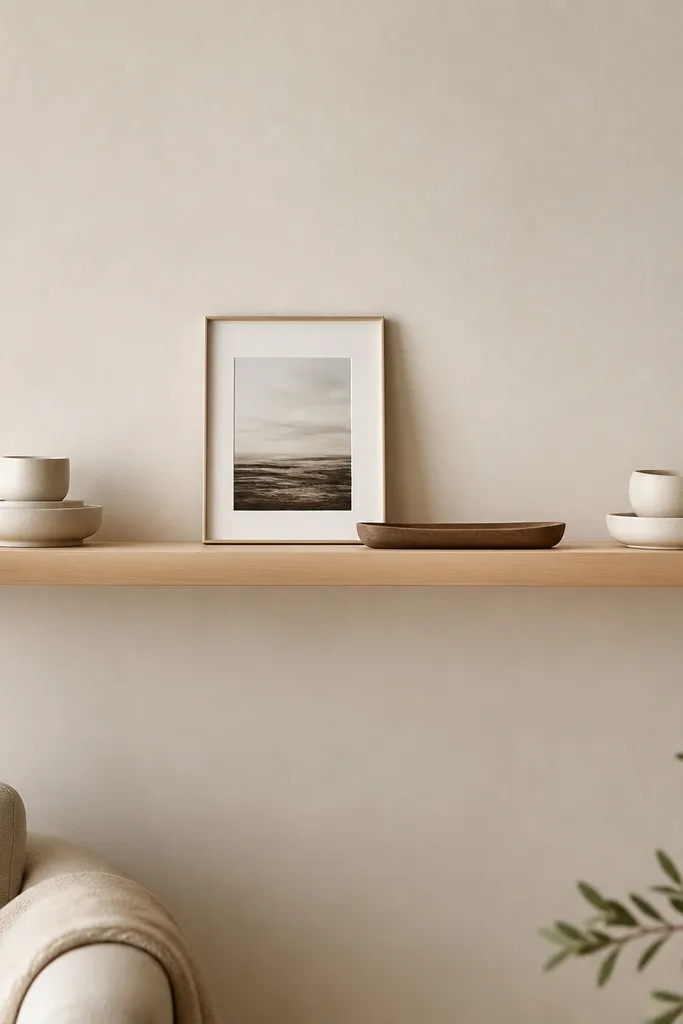 A long floating shelf with a small ceramic stack at each end. The center has a single framed photo and a shallow tray. The shelves are light wood on a cream wall.