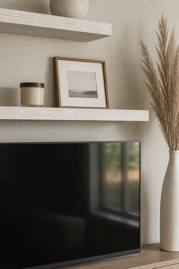 Floating shelves above a TV with a slim tall vase holding faux pampas grass. The shelves are white-washed wood. On the lower shelf, there's a small framed print and a candle in a jar.