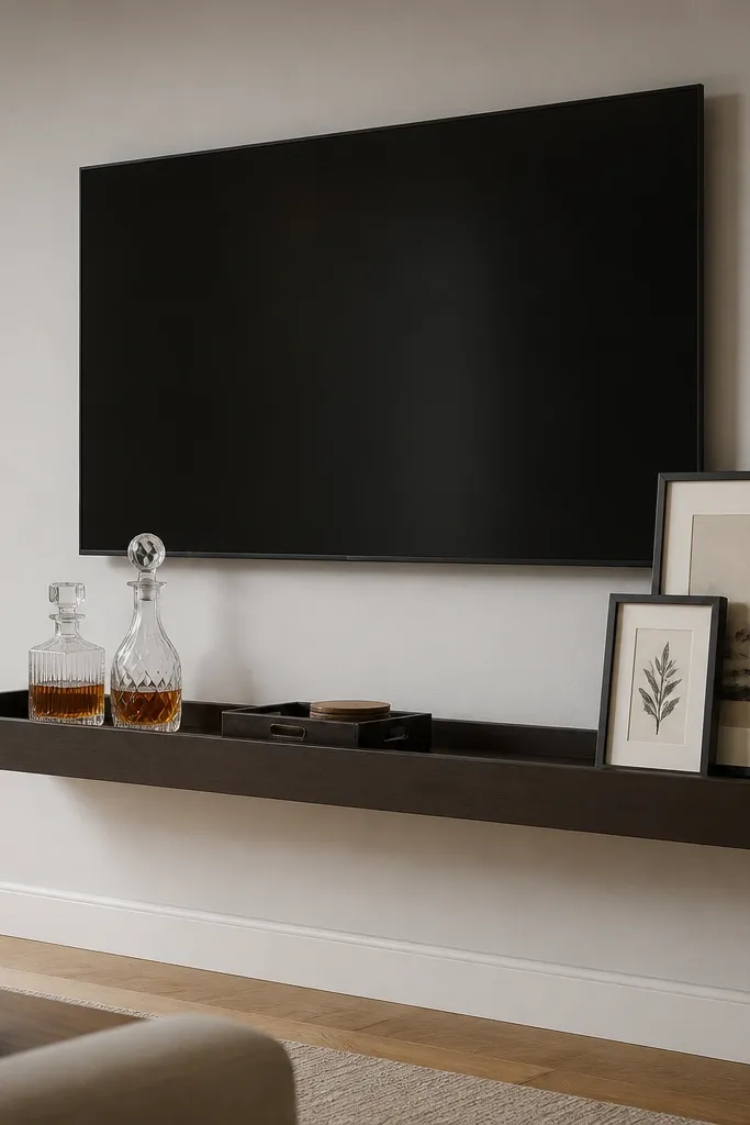 A TV wall with a floating shelf that has a slightly raised tray-like front lip. On top are a couple of decanters, a small tray with coasters, and two framed prints. The shelf finish is espresso dark.