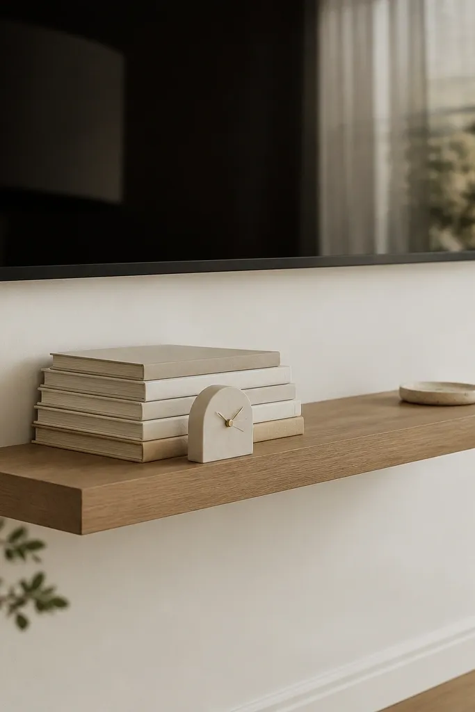 A floating shelf with a stack of picture books in neutral covers. A small minimalist clock sits in front. A single ceramic coaster dish is placed at the other end. The TV is mounted on a warm white wall.