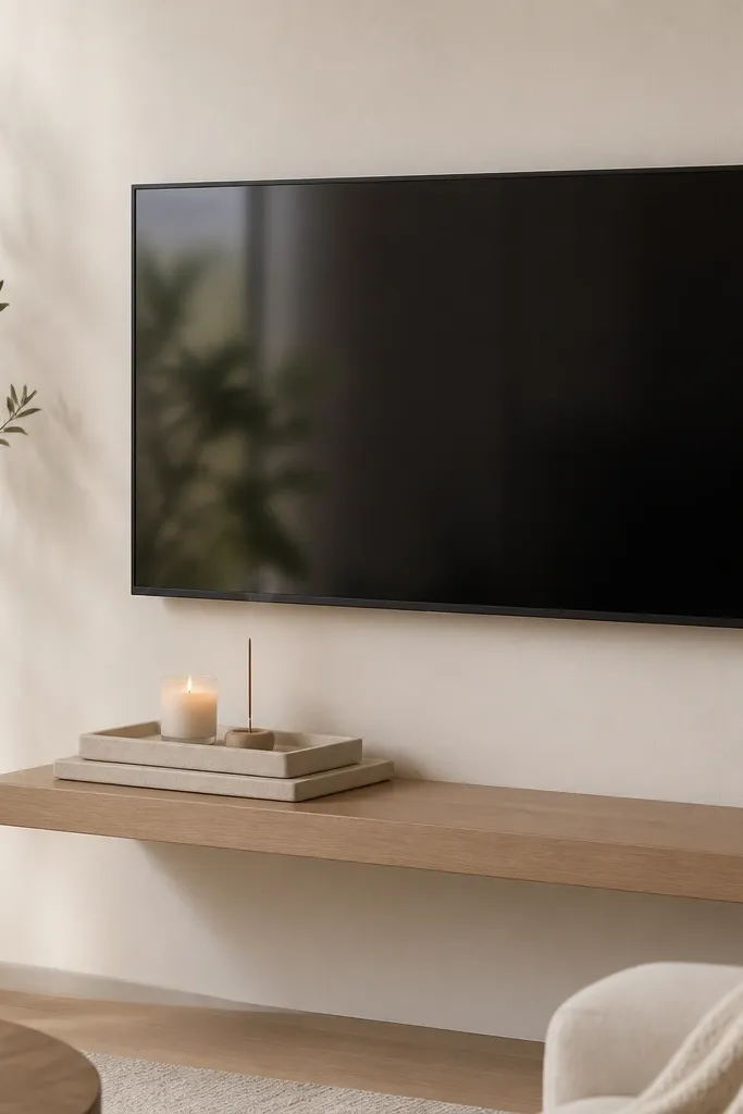 A TV mounted with a floating shelf beneath it. Two stacked trays sit on the shelf - one larger neutral tray and a smaller tray on top. A candle and a small incense holder sit inside the smaller tray. The wall is soft cream.