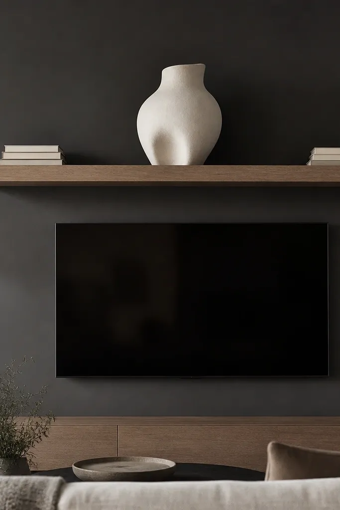 A wide floating shelf above a TV with one oversized ceramic vase. The TV wall is charcoal gray. The vase is off-white with a sculptural shape. On the ends, there are two small book stacks and nothing else.