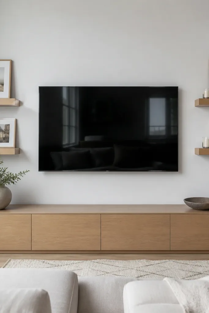 A TV on a light wall with two floating shelves. Each shelf has a candle jar on the left and a framed print on the right, mirrored across the TV. The shelves are oak with a matte finish.