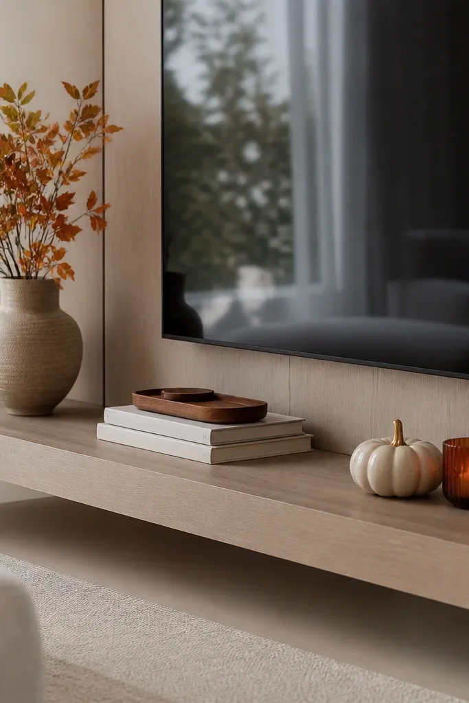 A TV wall with a long floating shelf. The base is always neutral: a stack of books and a small tray. Seasonal decor sits on top - in the photo, a small pumpkin-like ceramic and a fall-colored candle. The rest of the shelf stays unchanged.