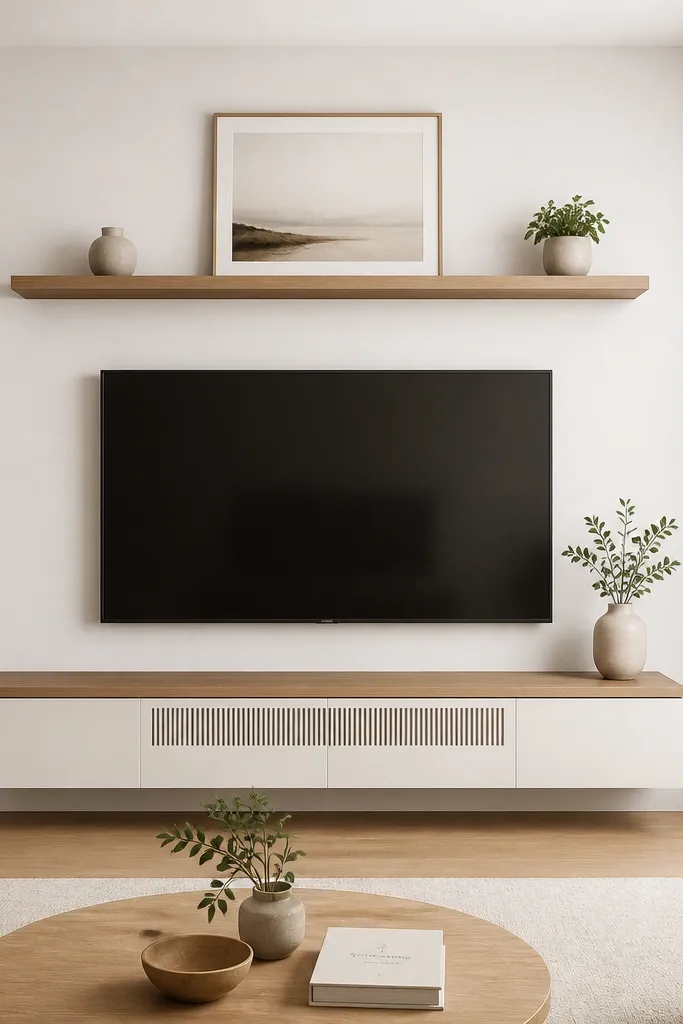 A TV wall where the soundbar area is hidden behind a slim cover on the lower shelf. Above it, a floating shelf holds a framed print centered and two small decor items at the ends. The wall is white with warm wood accents.