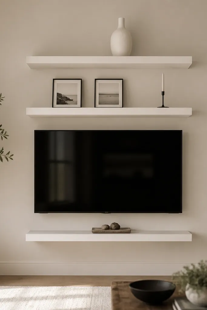 Three floating matte white shelves centered above and around a wall-mounted TV; the top shelf holds a tall white ceramic vase, the middle has two small framed photos and a thin black candle holder, and the bottom shelf has a low tray with a pair of small objects.