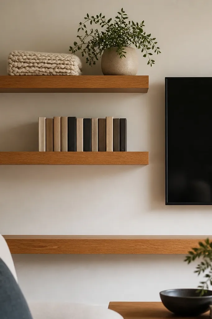 Two warm oak floating shelves run horizontally beside a wall-mounted TV, with a matching oak ledge shelf below; the shelves hold a folded knit throw, a small plant in a ceramic pot, and a row of slim books with alternating spines.