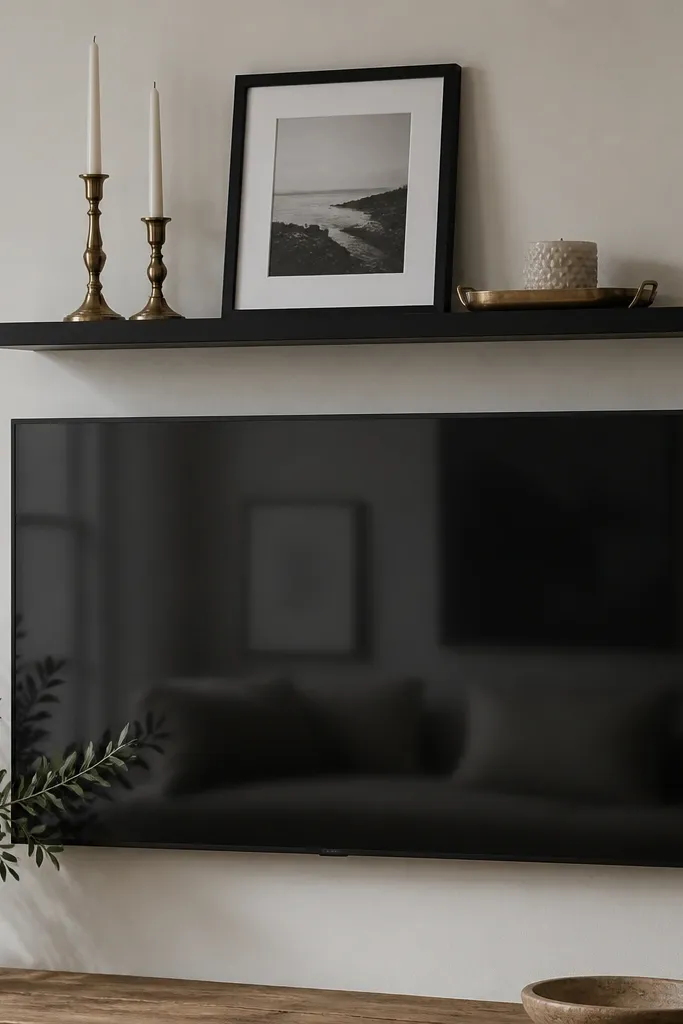 A wall-mounted TV with a single black floating shelf above it; on the shelf are two brass candlesticks, a black-and-white photo frame, and a small tray with a textured candle.