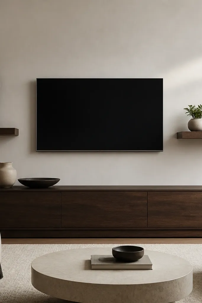 Two floating shelves of the same color but different heights relative to the TV; the left side shelf holds a tall black sculpture, the right side shelf holds a small plant and stacked books; TV is centered.