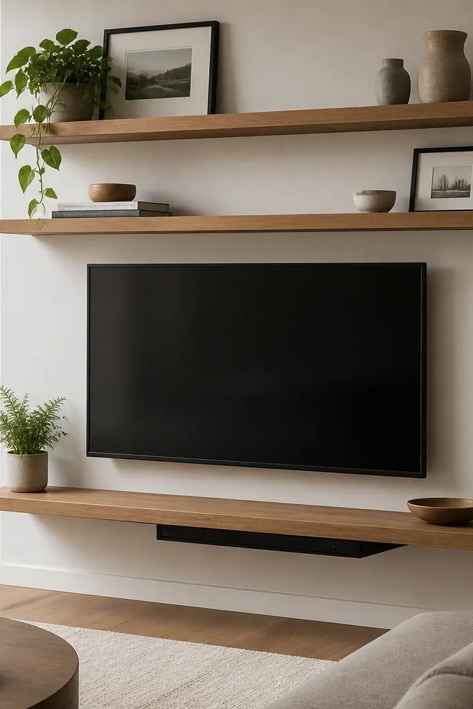 Three floating shelves around a TV; beneath the bottom shelf edge there is a hidden-looking cable tray area with a low black media box partially covered; decor sits on top shelves with a plant and framed prints.