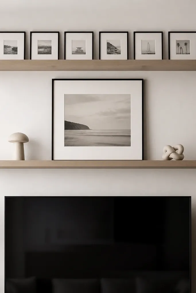Two floating shelves above a TV; the top shelf has a row of small black frames, and the bottom shelf has a single oversized framed print centered with two small sculptural objects.